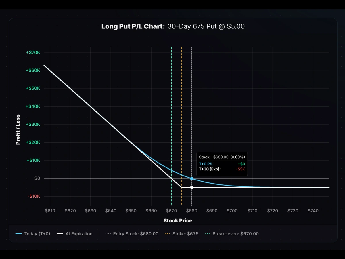 Long put option risk graph example