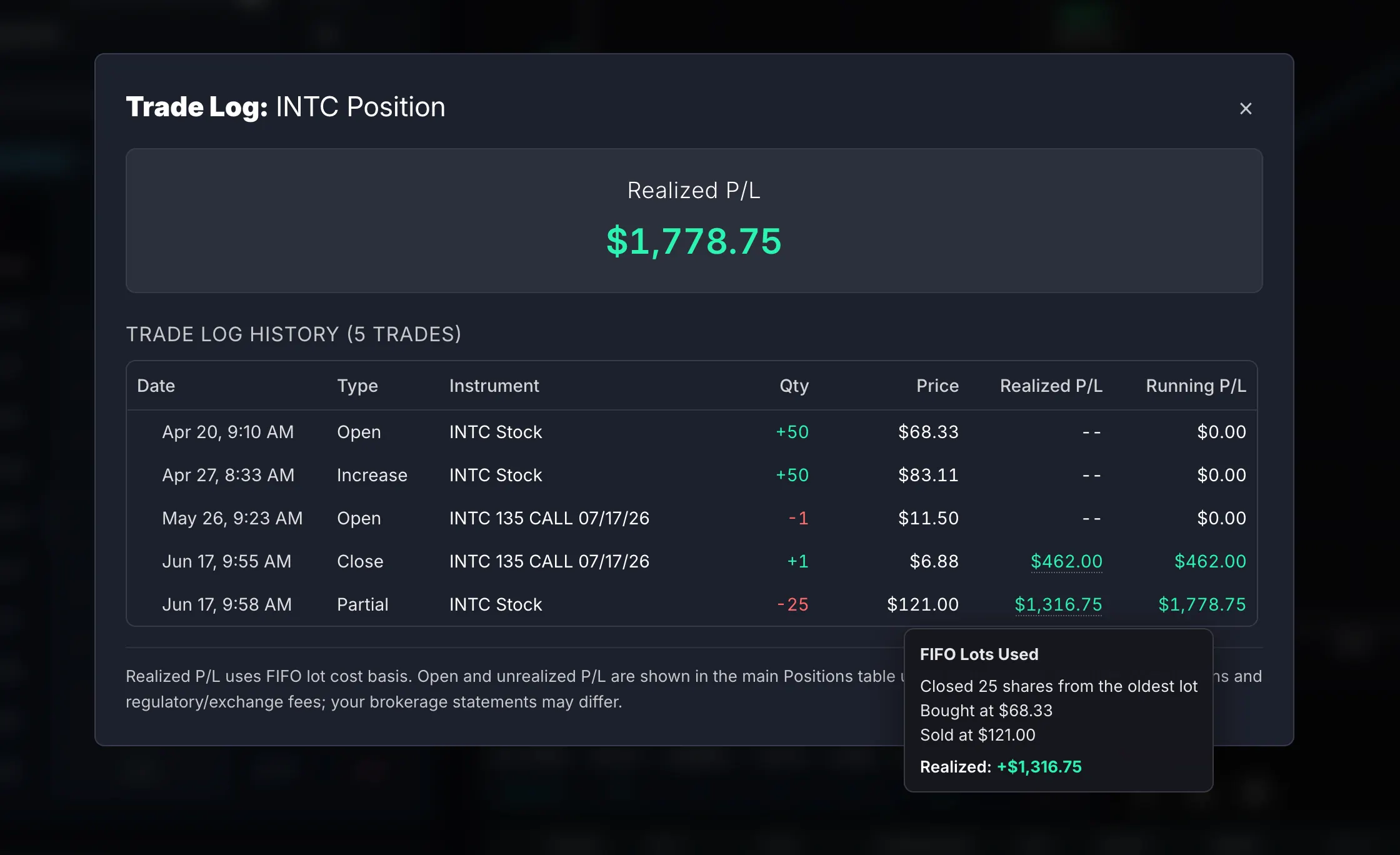 Trade Logger showing running P/L across open and closed trades